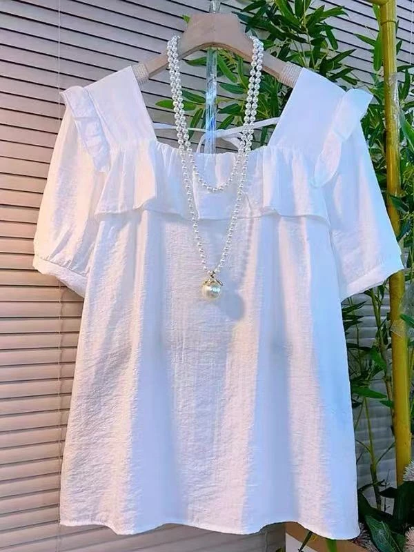 PDM-679简约通勤方领小衫荷叶边美背设计感衬衫纯色显瘦短袖上衣