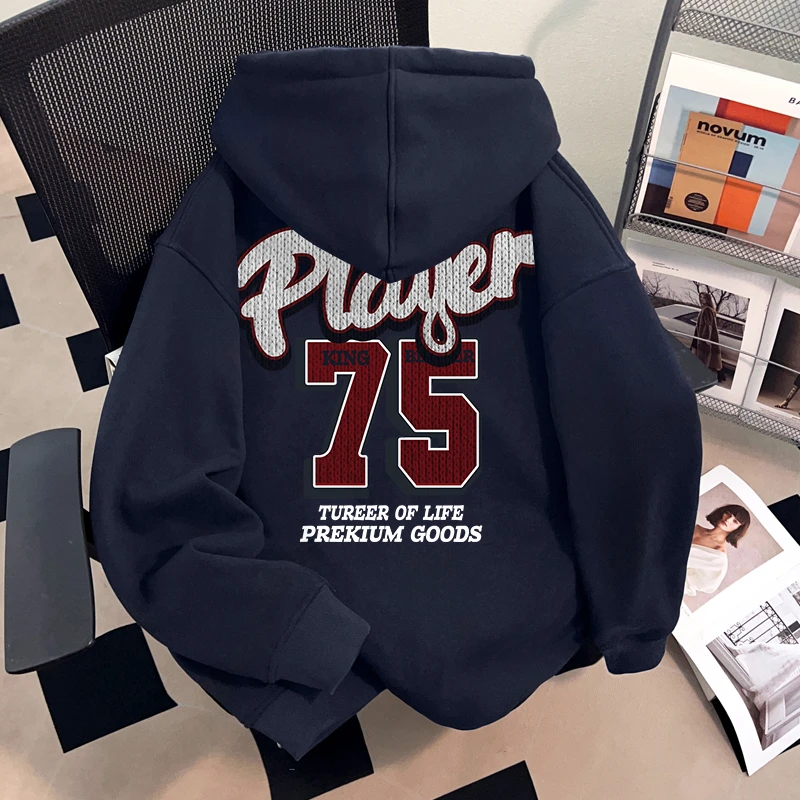 Dekkry时尚潮流字母印花秋冬连帽开衫卫衣男女百搭藏青色拉链外套