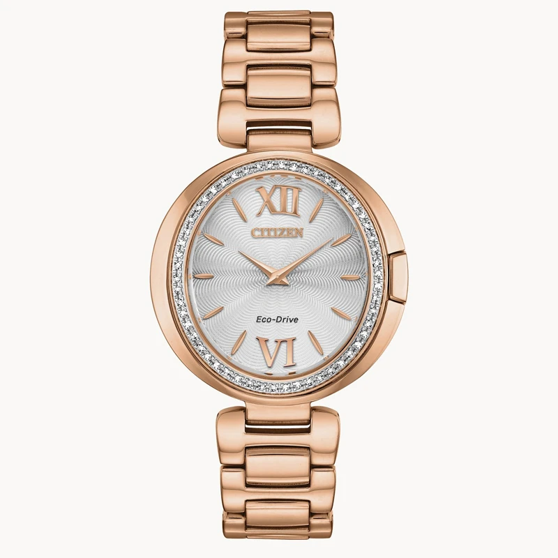 Citizen/西铁城玫瑰金不锈钢镶钻女士腕表时尚气质直径34mm 13888