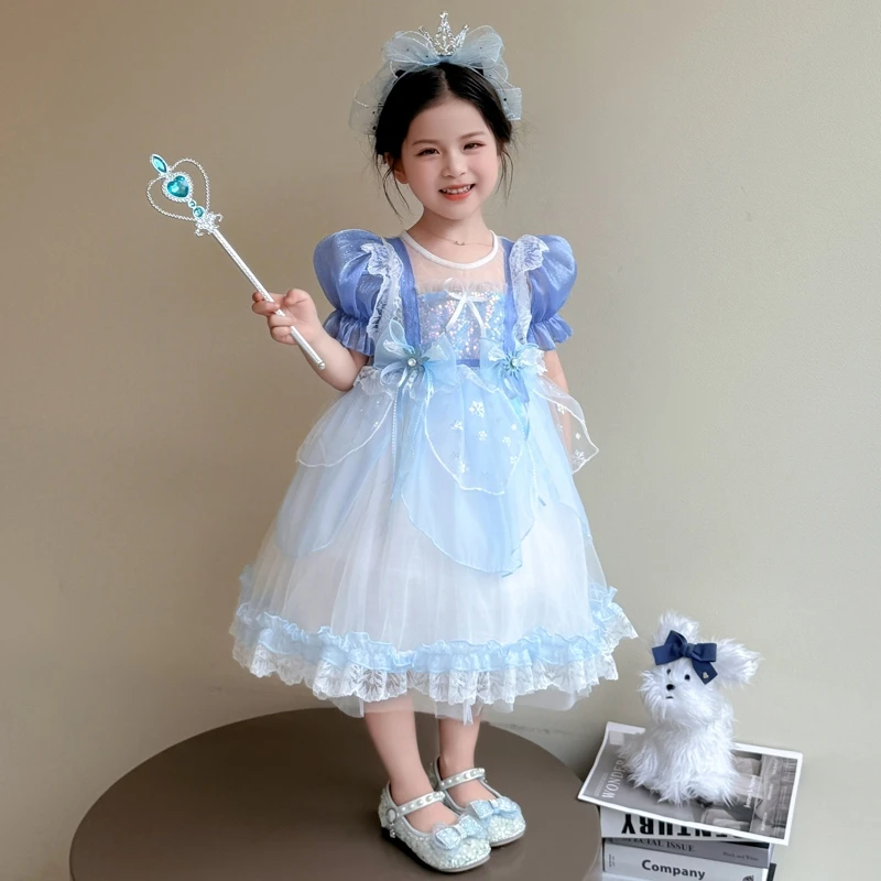 女童连衣裙夏季2025新款儿童洋气泡泡袖艾莎公主纱裙女宝宝蓬蓬裙