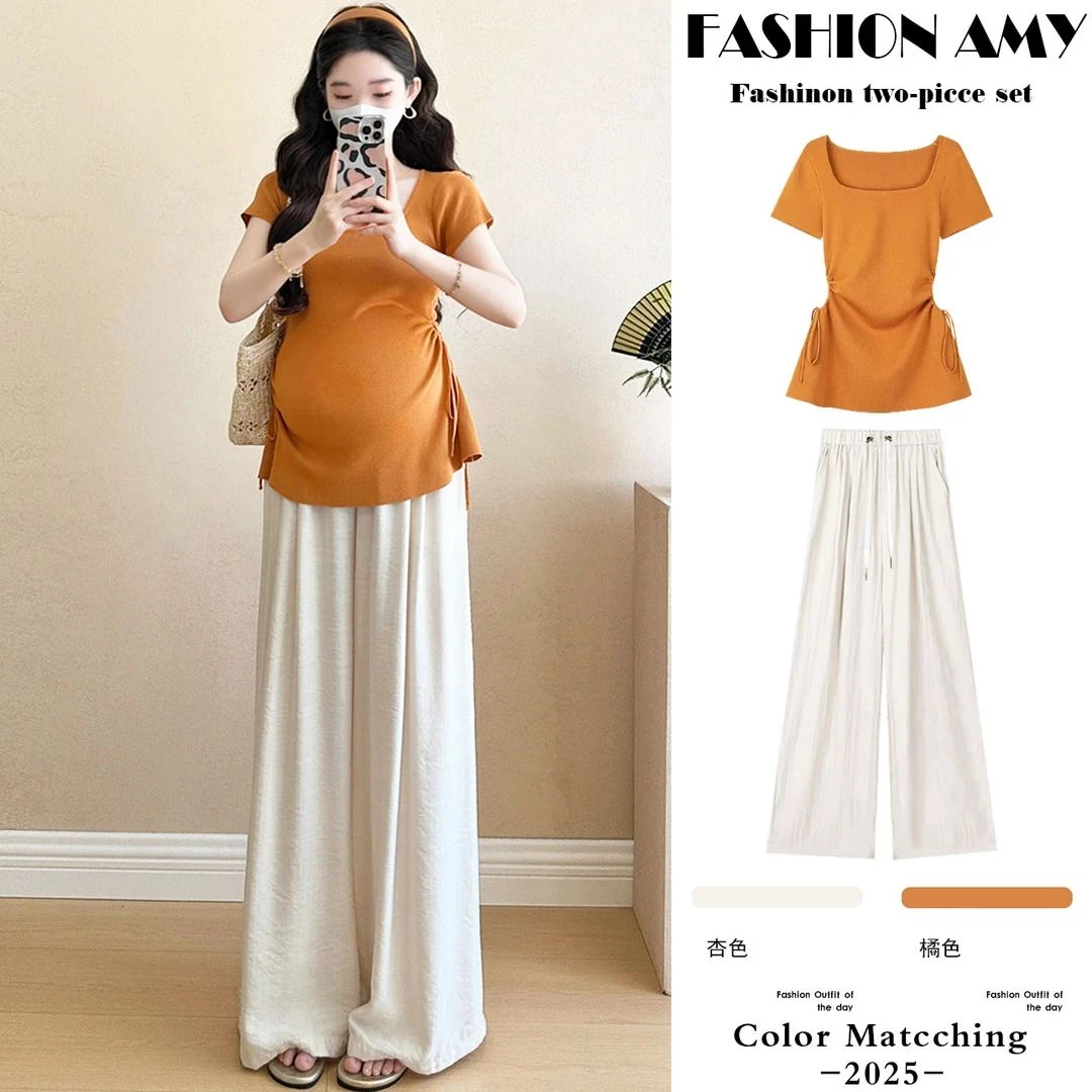 时髦孕妇套装夏装时尚韩版气质显瘦方领短袖时尚上衣休闲阔腿裤子