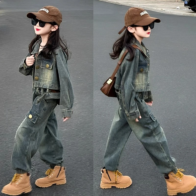女大童牛仔套装2025春季新款女孩韩版工装裤两件套女童秋款套装