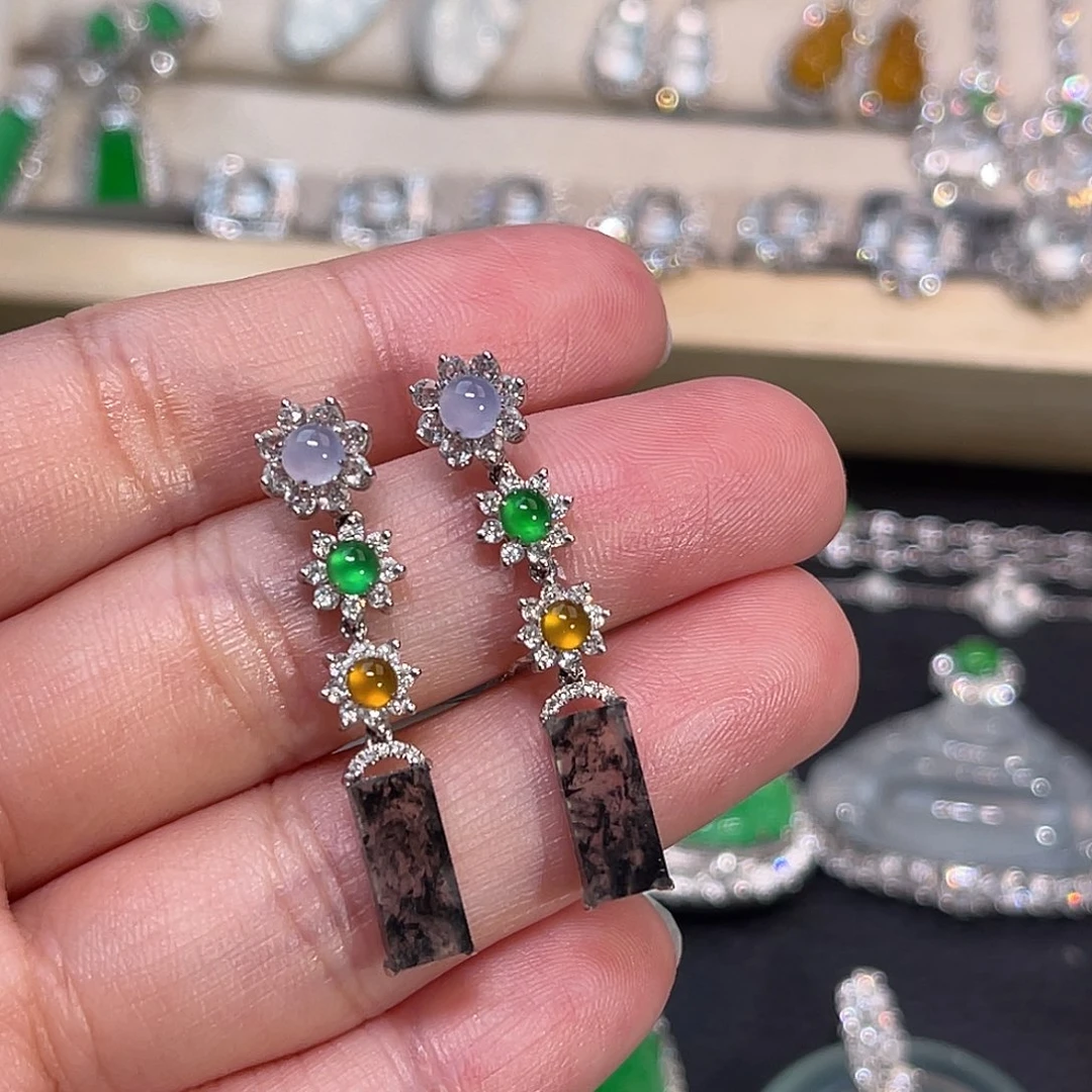 翡翠18K金镶嵌耳饰多宝