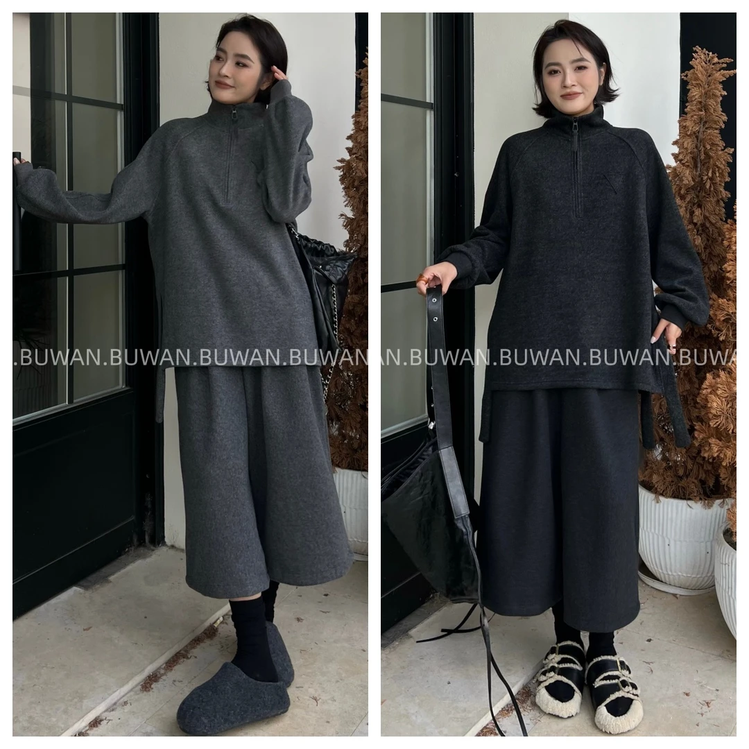 BUWAN【哪样】秋冬加厚立领半拉链侧开叉加绒加厚宽松显瘦卫衣7682