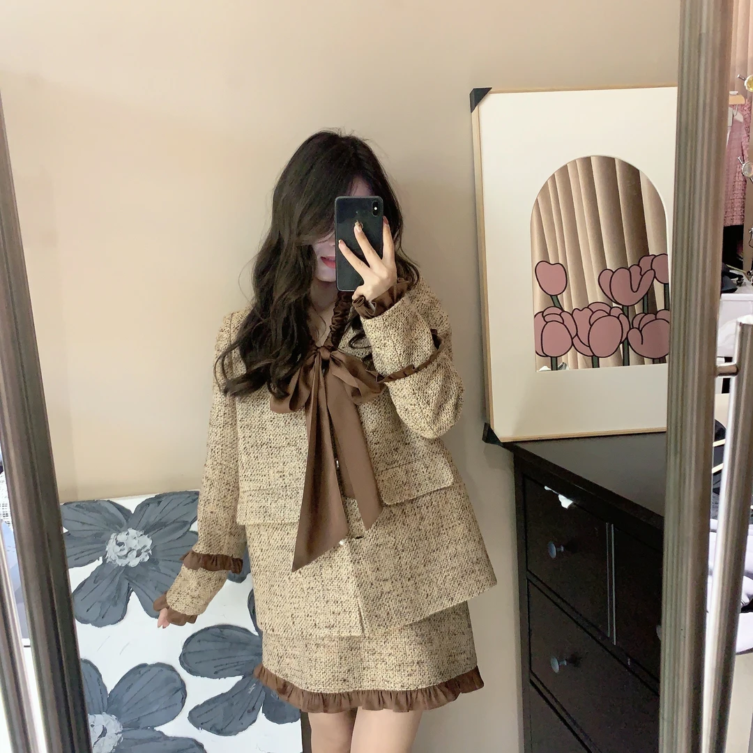 【日落玫瑰套装】蝴蝶结系带荷叶边女装法式复古洋气时尚套装