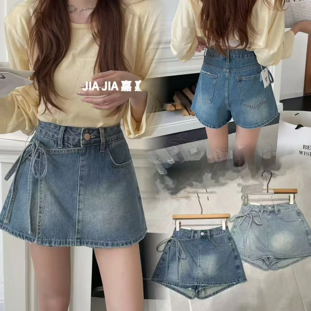 3509-辣妹复古设计感绑带牛仔裤裙