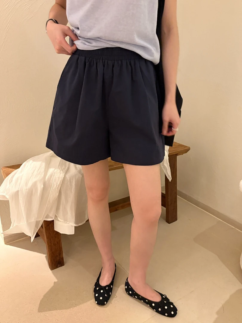 泡芙～松紧腰夏日水洗棉纯色短裤