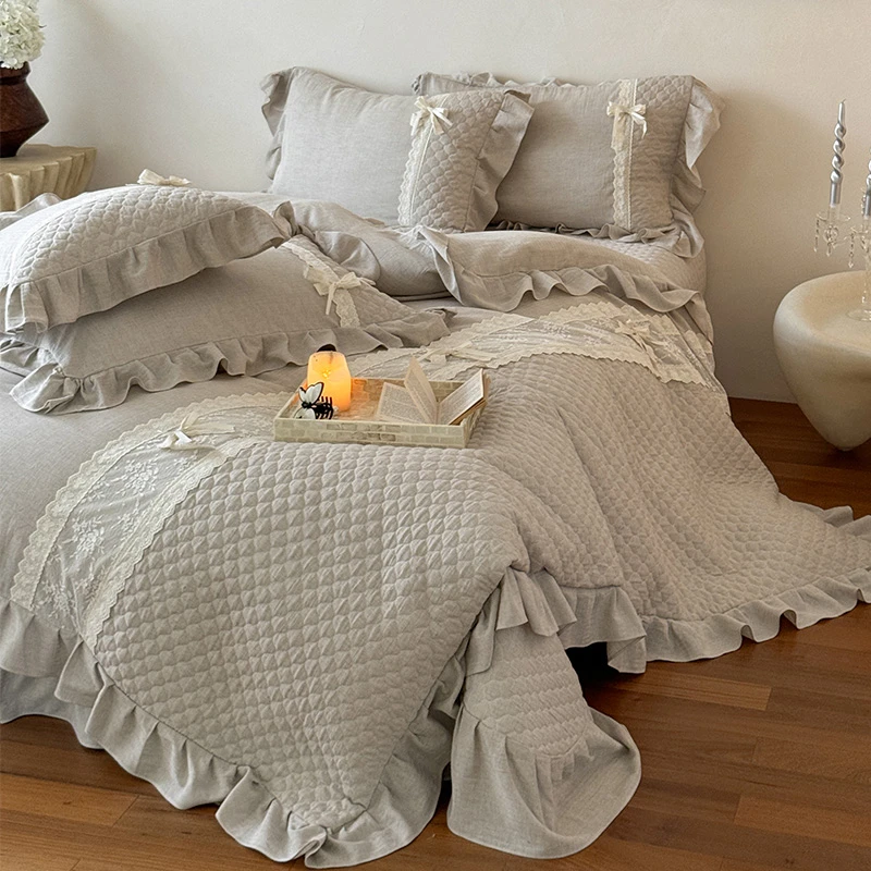 法式复古公主风a类棉麻花边床盖四件套纯棉全棉被套床上用品柔软