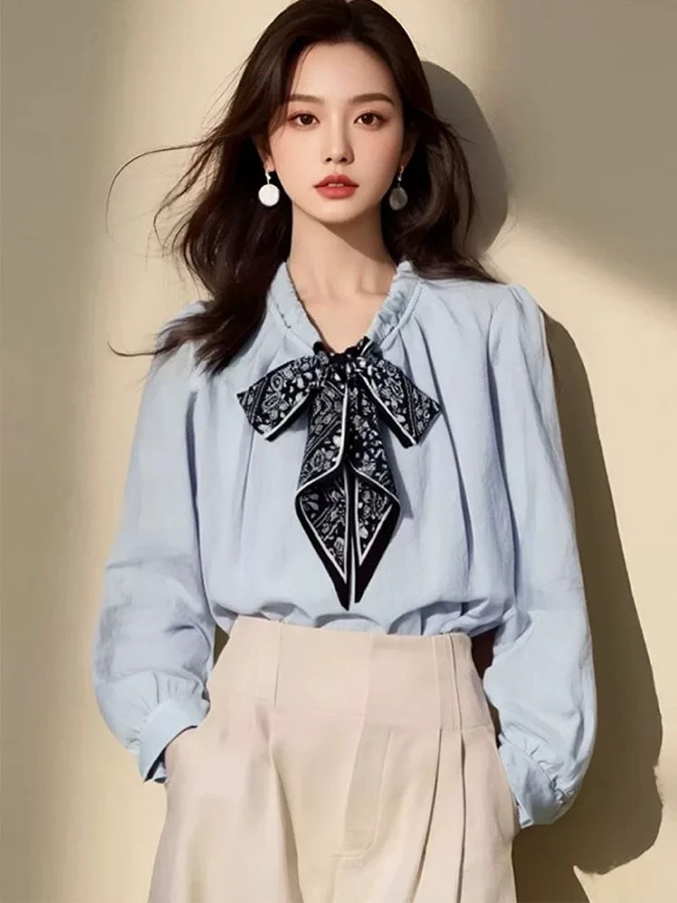 T韩国东大门秋季韩版通勤气质设计感丝巾抽绳长袖衬衣