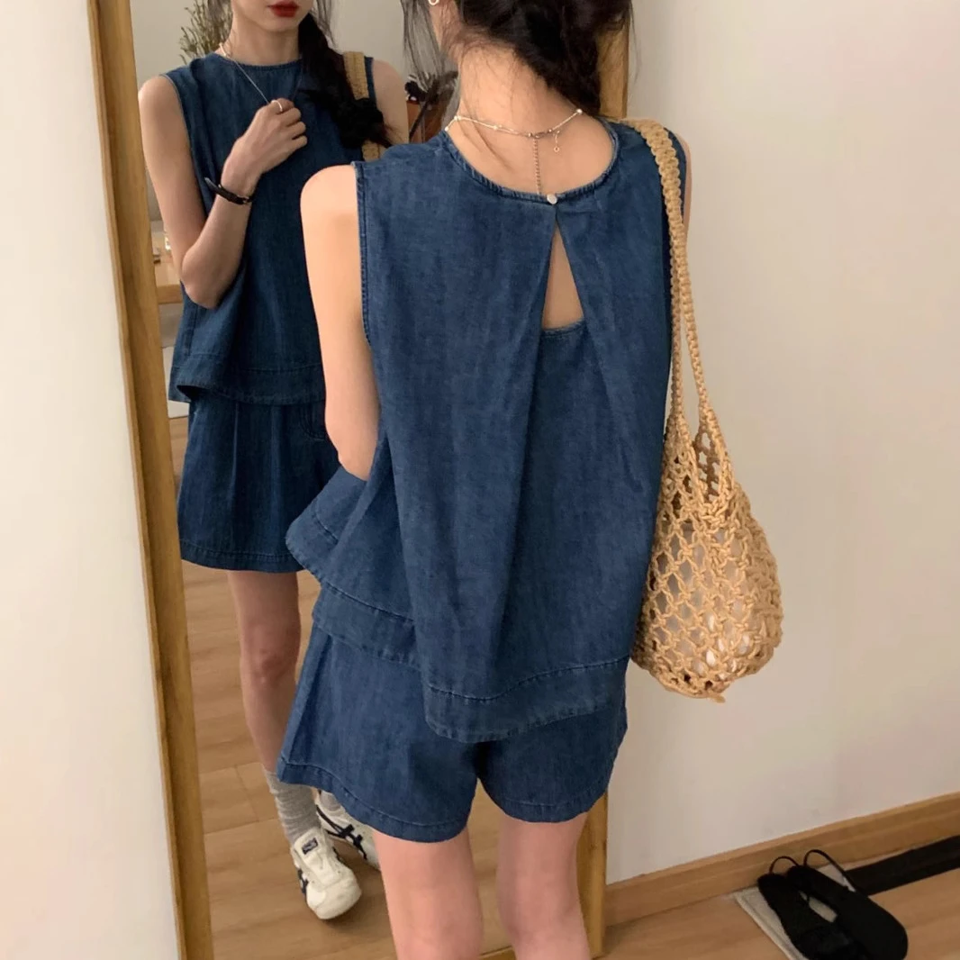 小个子穿搭一整套女夏装新款森系设计感牛仔背心上衣短裤两件套装