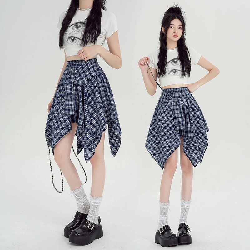 假两件衬衫格子半身裙女2025新款高腰a字显瘦百搭不规则韩系短裙