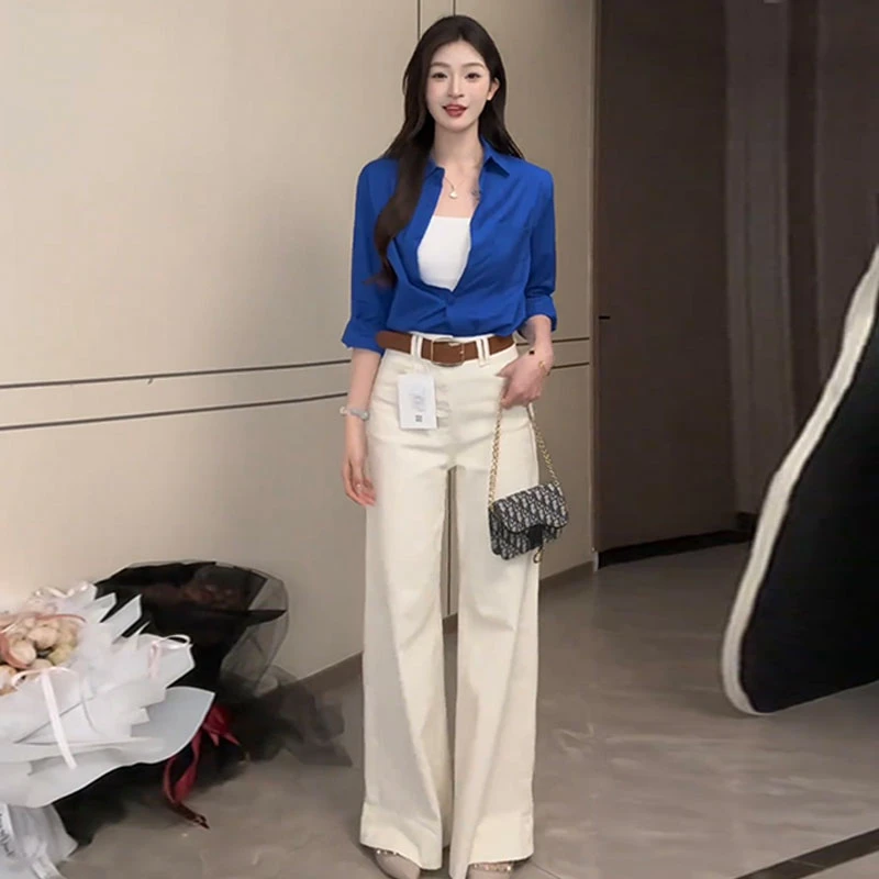 夏装搭配一整套大码胖mm克莱因蓝长袖防晒衬衫外套阔腿裤套装女