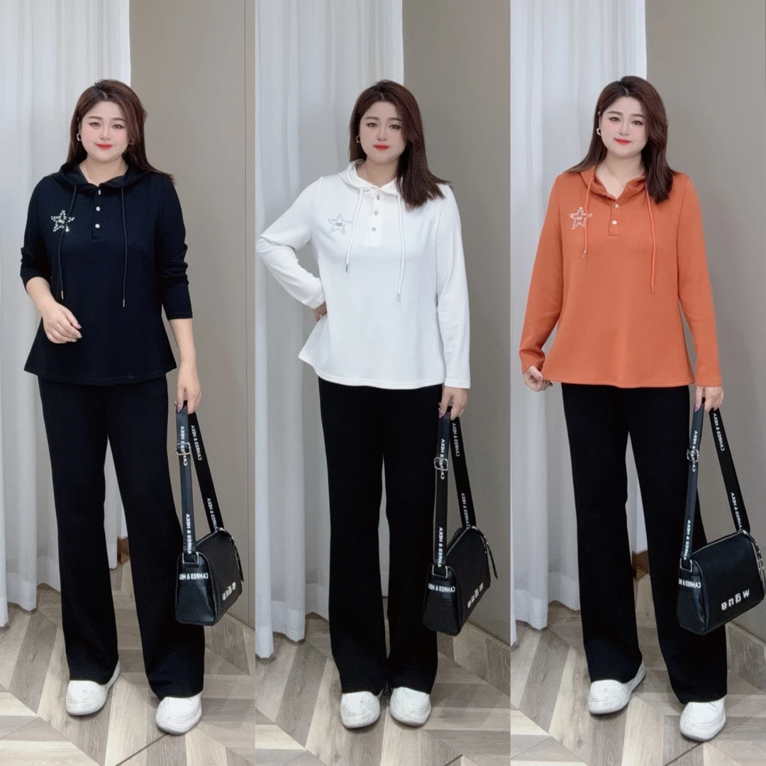 PWD32733【现货仅上衣】新款时尚显瘦长袖连帽卫衣大码女装【衣长70】