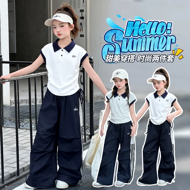 初中生短袖T恤女套装少女大童夏季POLO领高中学生夏装搭配两件套