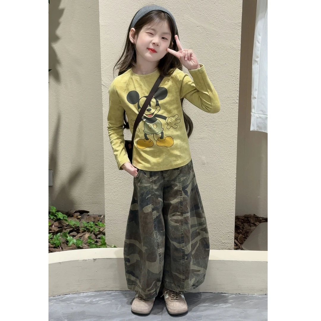 女童秋装卡通长袖T恤迷彩裤子套装女宝洋气打底衫弯刀裤两件套潮