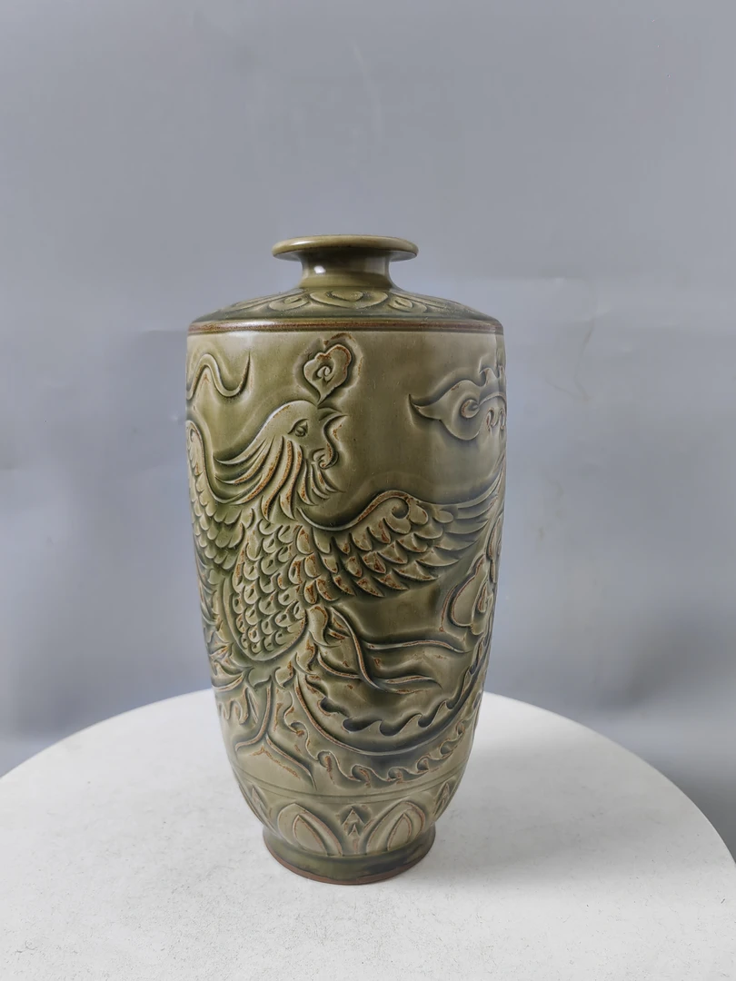 耀州窑刻凤凰纹饰摆件