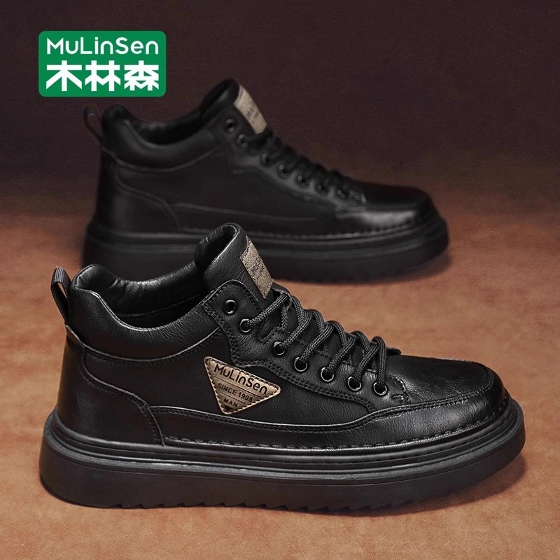 木林森高帮男鞋2025新款秋季加绒保暖棉鞋学生厚底增高软底运动休