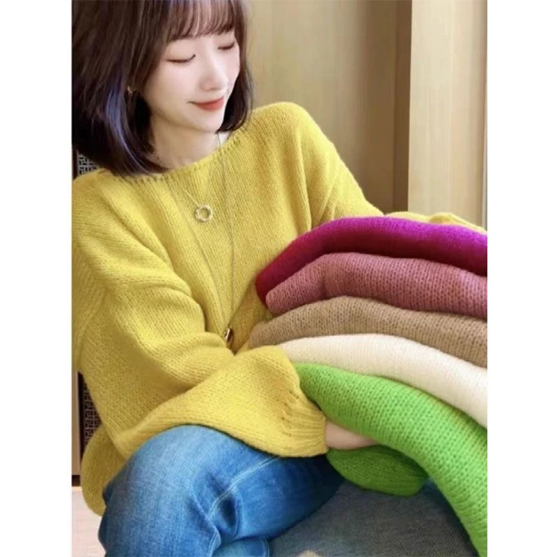 小个子套头圆领绿色针织衫秋冬新款慵懒风洋气减龄宽松休闲上衣潮