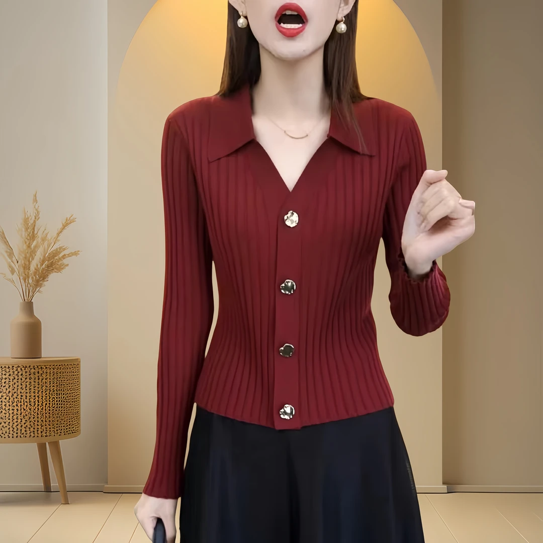 翻领安可拉红针织开衫秋冬季打底衫新款修身显瘦减龄长袖内搭上衣