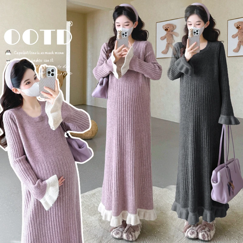 喜儿~~秋冬新款毛衣针织孕妇连衣裙花边坑条撞色宽松打底裙减龄