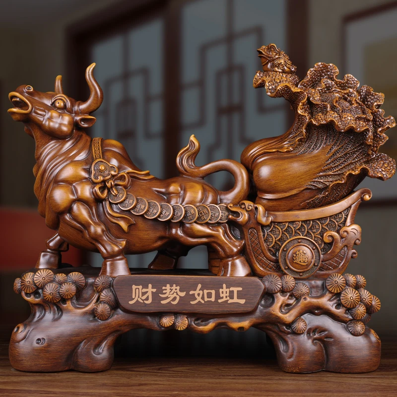 《财势如虹牛》办公室客厅家居开业送礼装饰牛拉车摆件（长48高45cm）