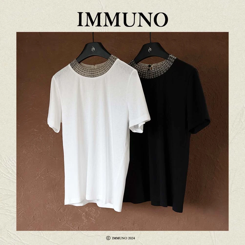 IMMUNO壹糯 春夏新款设计感重工钉珠圆领短袖T恤上衣女夏