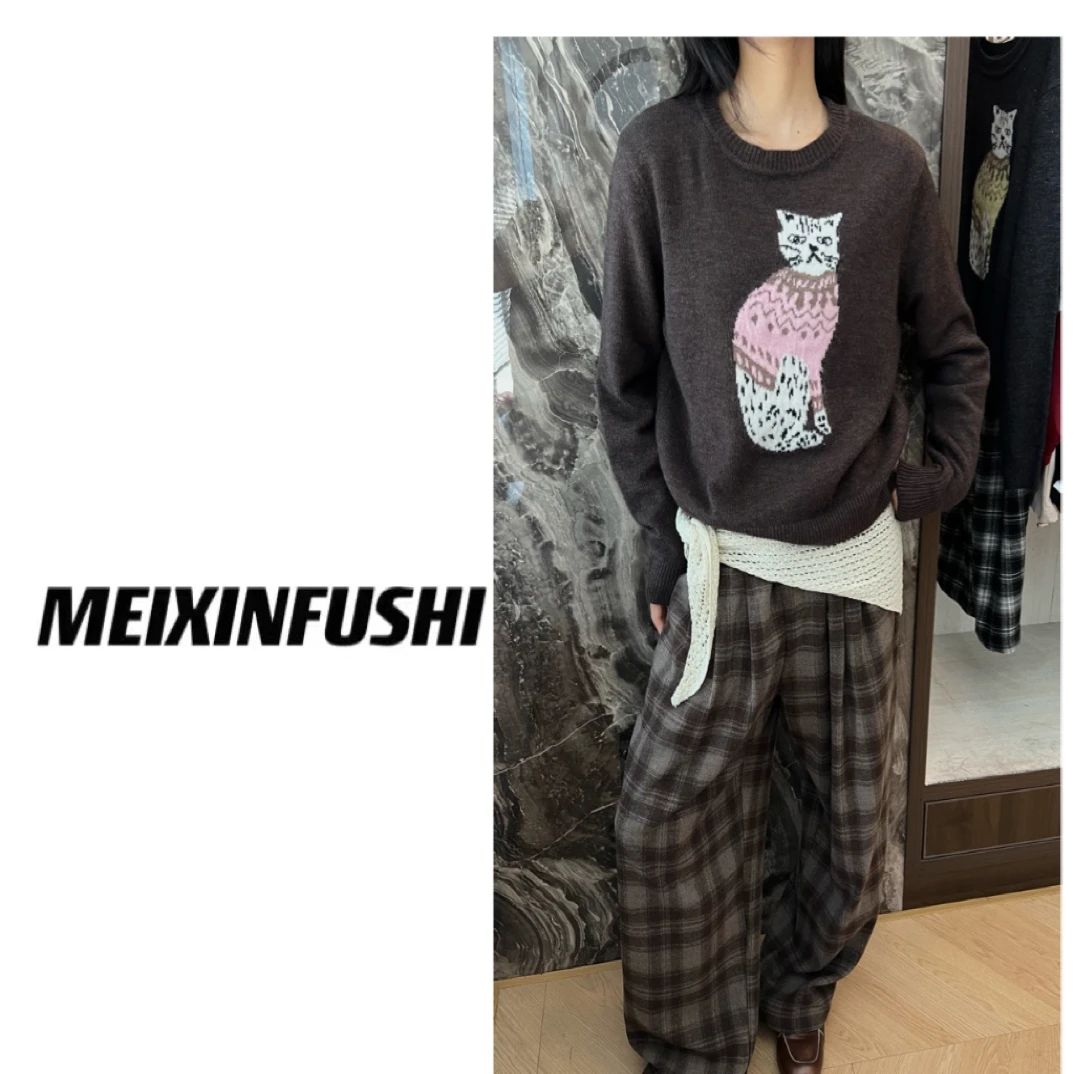 【Mei Xin】小猫图案刺绣拼色毛衣/0659/D