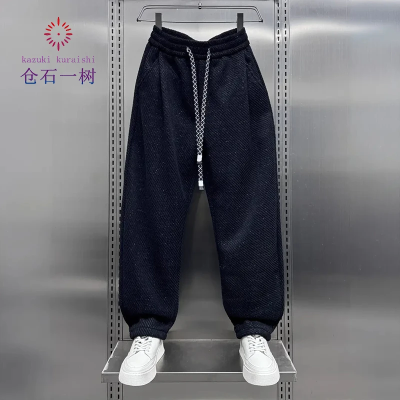 仓石一树冬季加绒男款掐褶直筒阔腿长裤百搭潮流加厚松紧腰运动裤