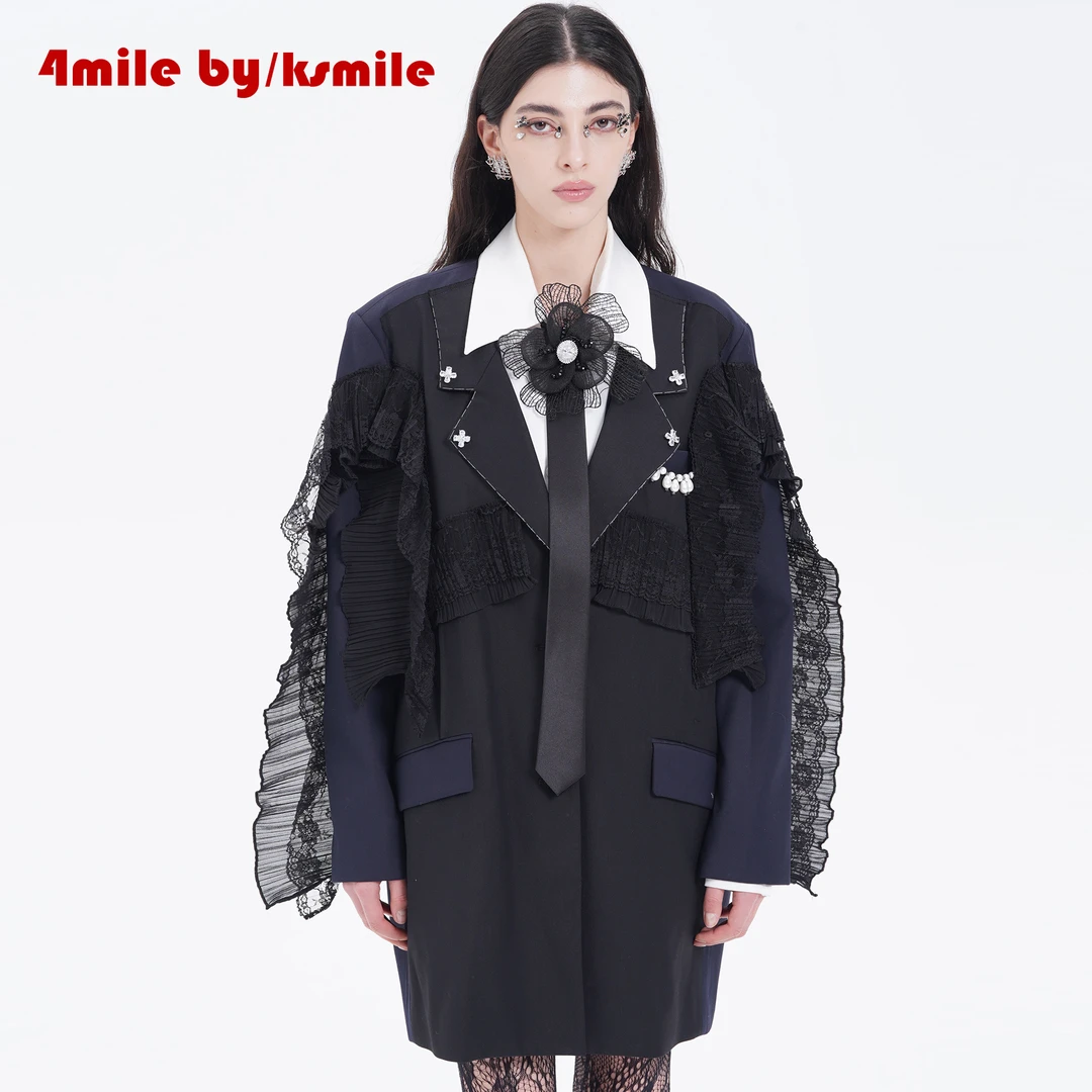 4MILE BY KSMILE | 星辰剧院藏青色立体荷叶边蕾丝西装宽松外套