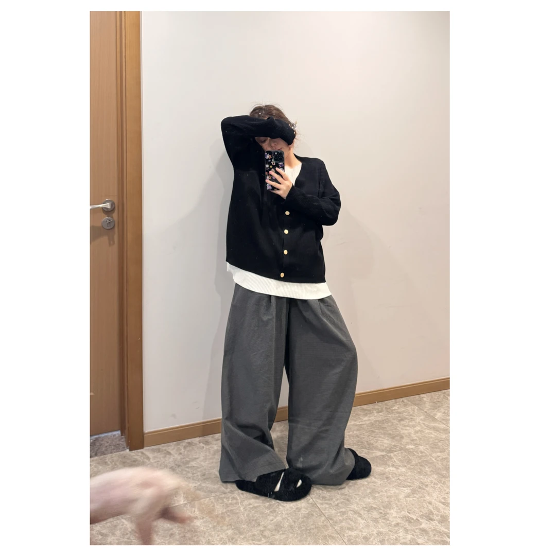 『RSSP』新款百搭小格子宽松直筒裤松紧腰慵懒阔腿拖地格子裤韩版