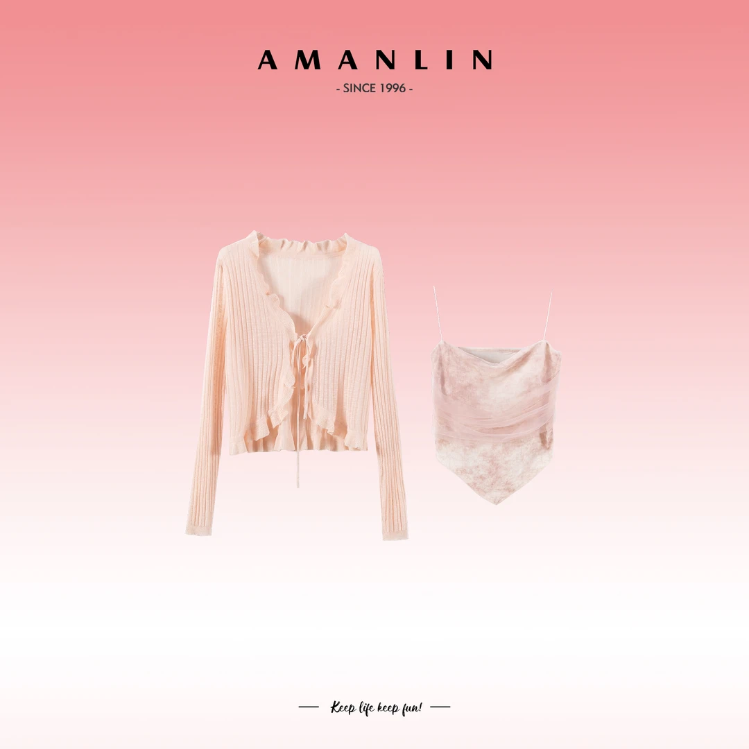 AMANLIN/阿谩琳欧若风穿搭花边INS风修身针织开衫时尚套装Y595627