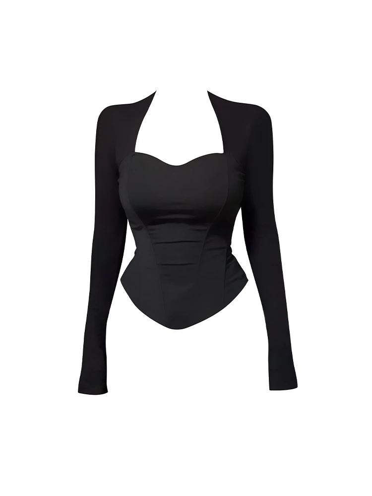 法式黑色V领长袖T恤女秋冬新款修身显瘦纯欲辣妹短款打底衫上衣