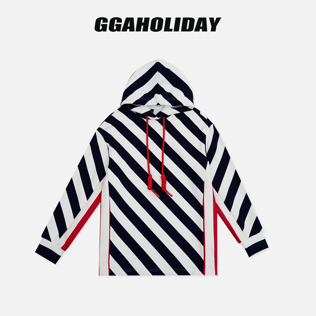 GGAHOLIDAY时尚休闲百搭长袖印花圆领不规则宽松条纹卫衣-154183