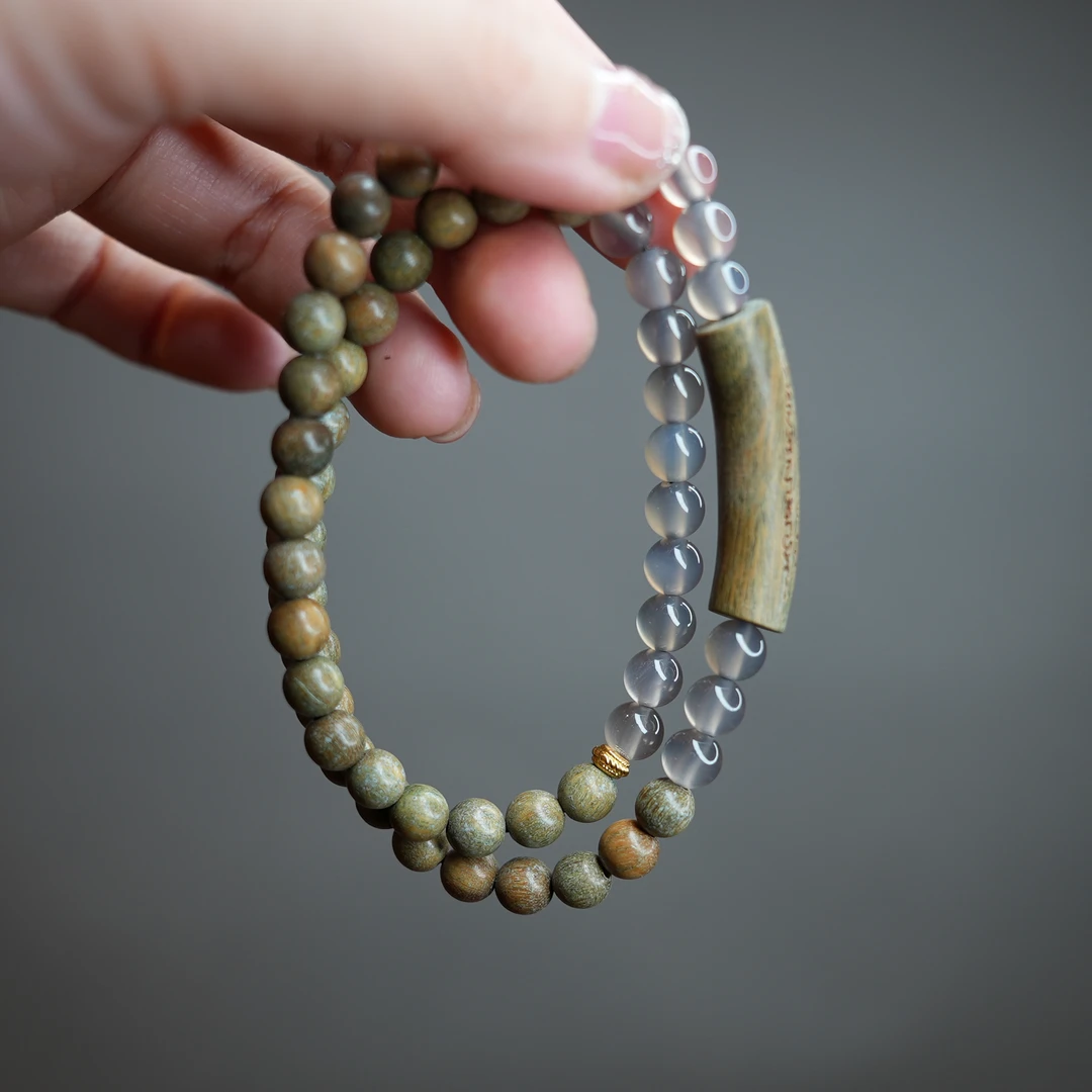 【健康/财富/平安】绿檀木灰玛瑙6mm双圈手串文玩木串国风新中式
