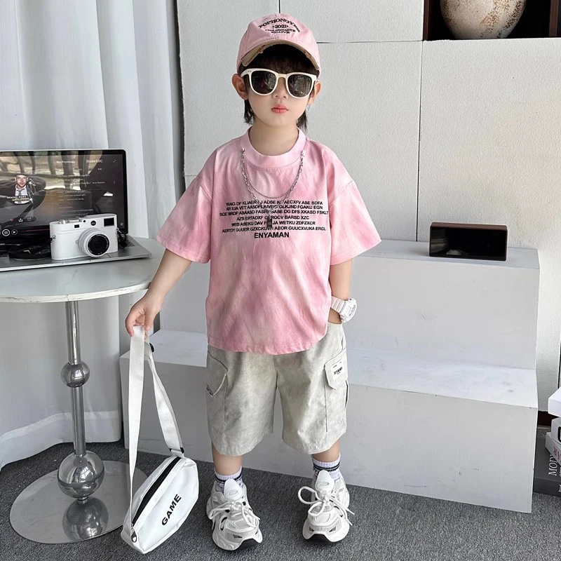 儿童夏季短袖T恤2025新款洋气男童痞帅粉色扎染半袖上衣宝宝纯棉t