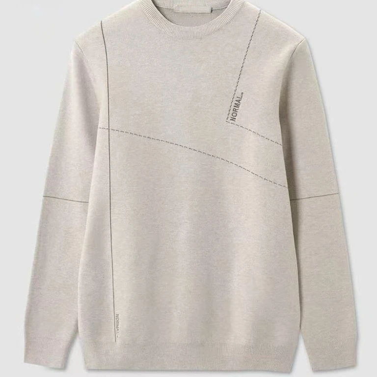 【剪标】含羊毛款！百搭舒适圆领男士长袖燕麦色毛衣-018