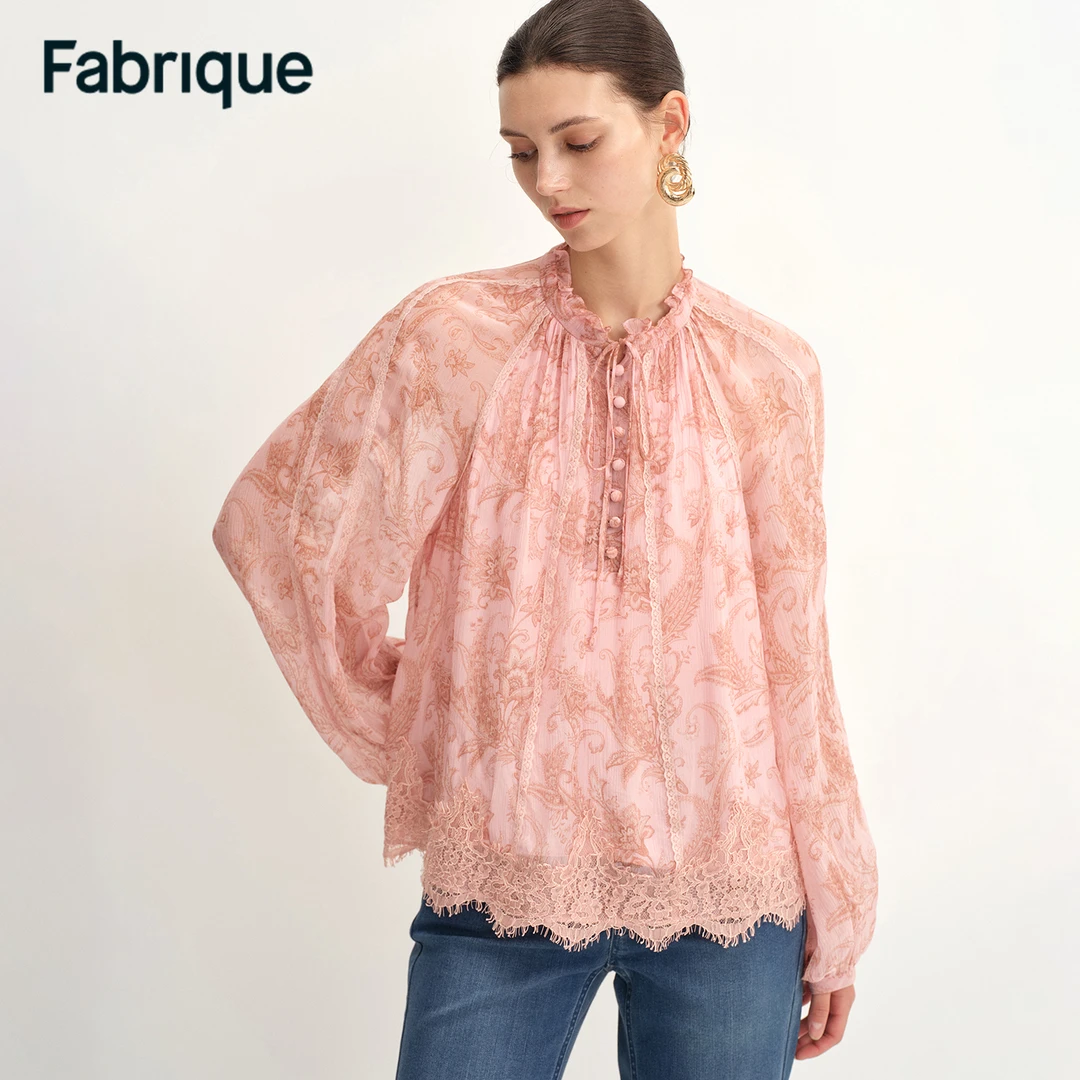Fabrique Xyla 早秋新品佩斯利印花桑蚕丝轻薄微透薄纱蕾丝衬衫