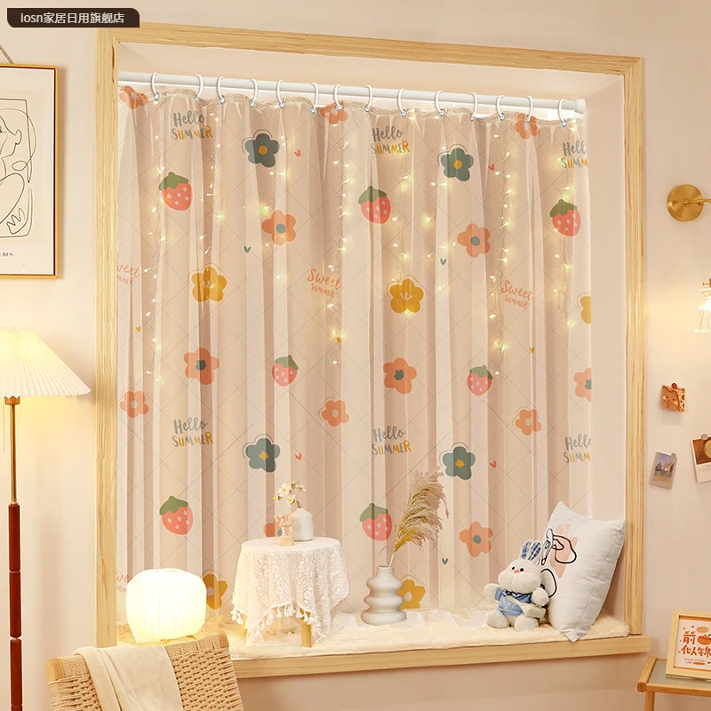 免打孔挂环式打孔遮光窗帘宿舍卧室飘窗厨房透光不透人纱帘布成品