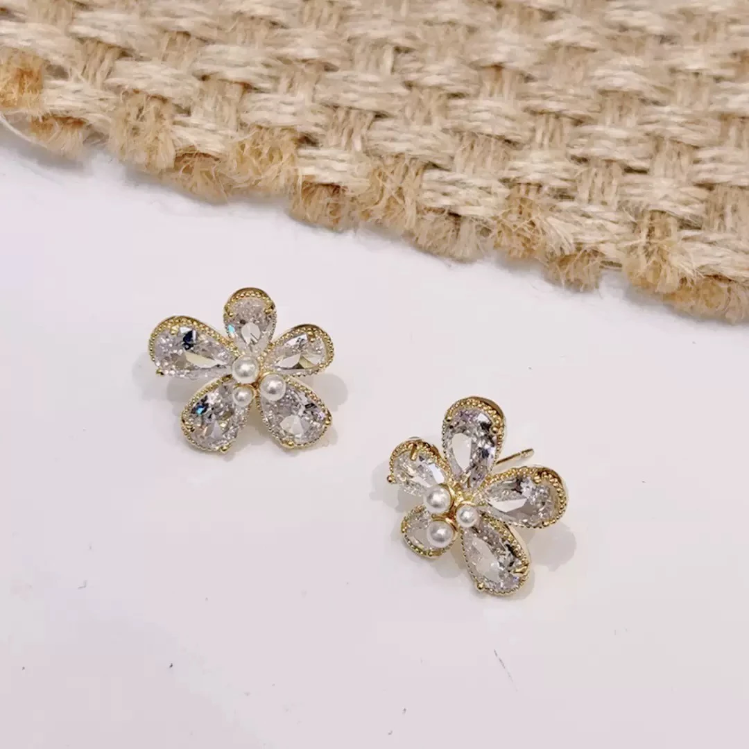 黄铜锆石耳饰 高级设计感锆石五瓣花多耳钉女韩国网红气质百搭
