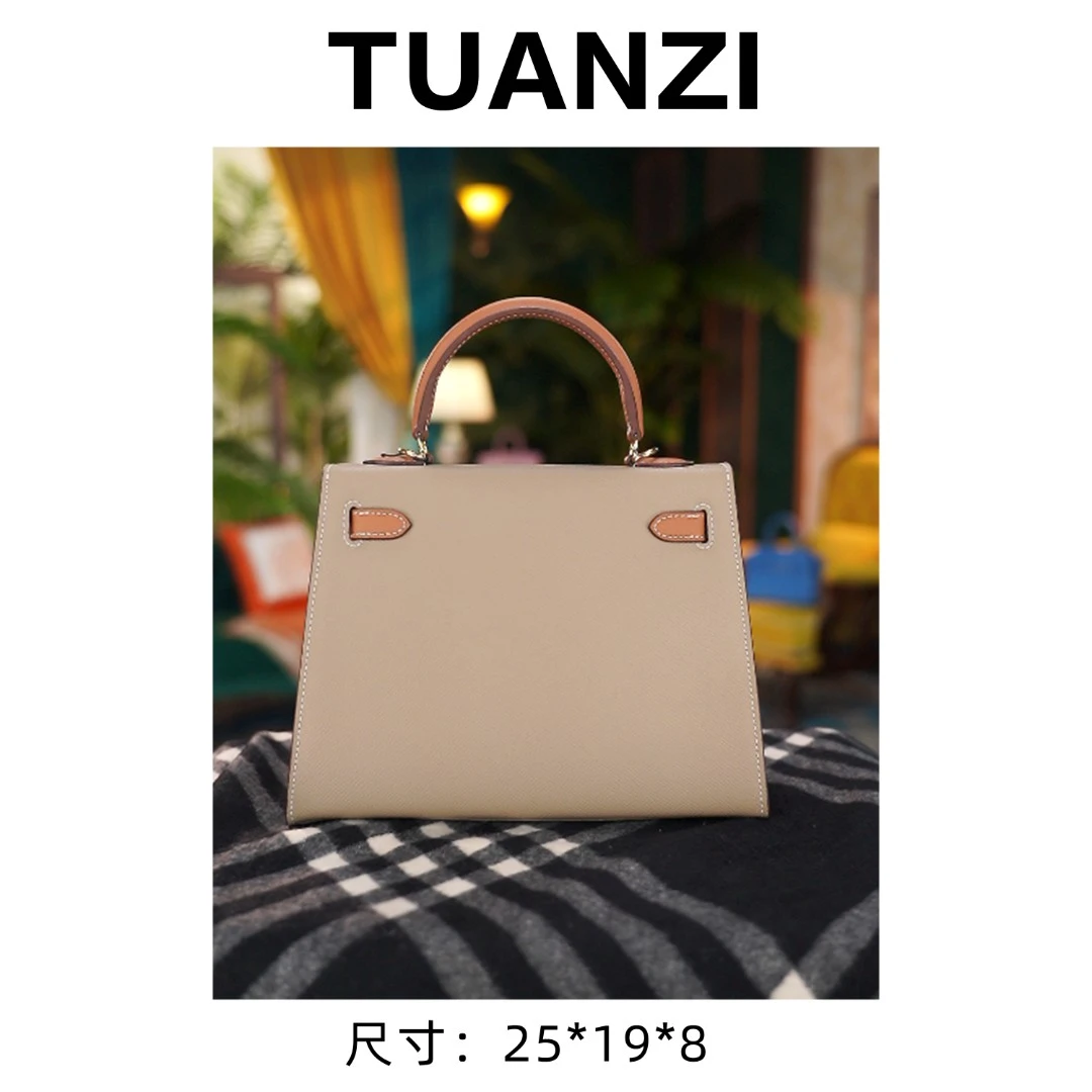 【25cm金扣】手提斜挎TUAN′ZI定制真皮女包 XKY-6978-大象灰配棕