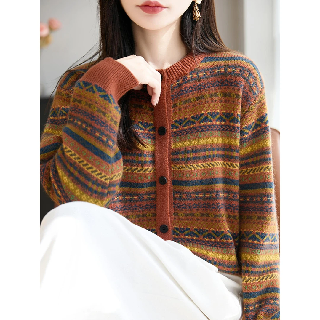 时尚覆古提花针织开衫外套女2025新款洋气大码女装上衣秋冬毛衣