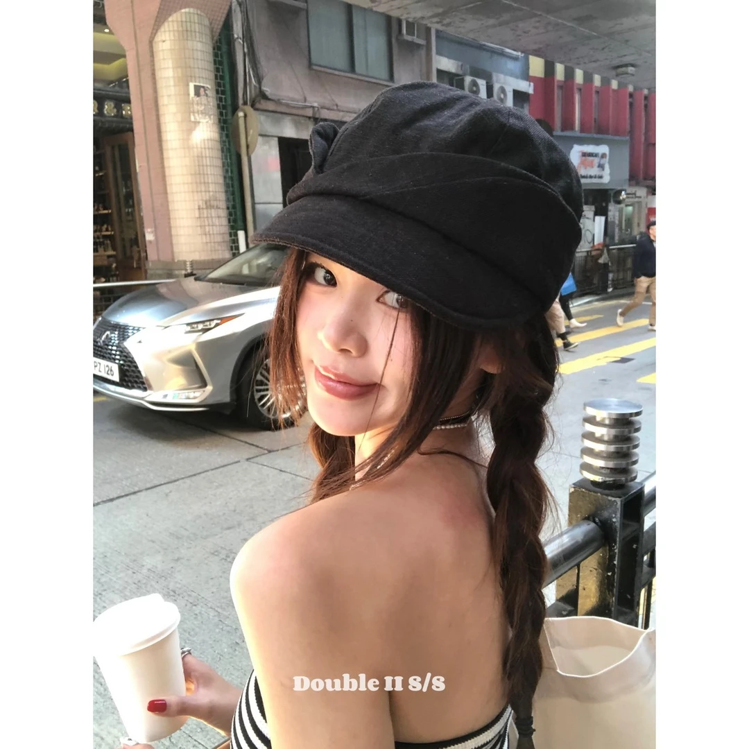 double i i 日系文艺棉麻褶皱画家帽女春夏高级显脸小贝雷帽子