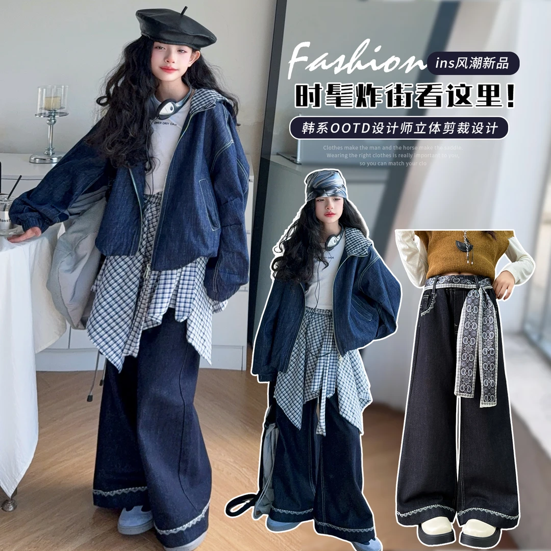 女童连帽时髦立领休闲春秋儿童韩系牛仔外套时尚拼接欧美风宽松