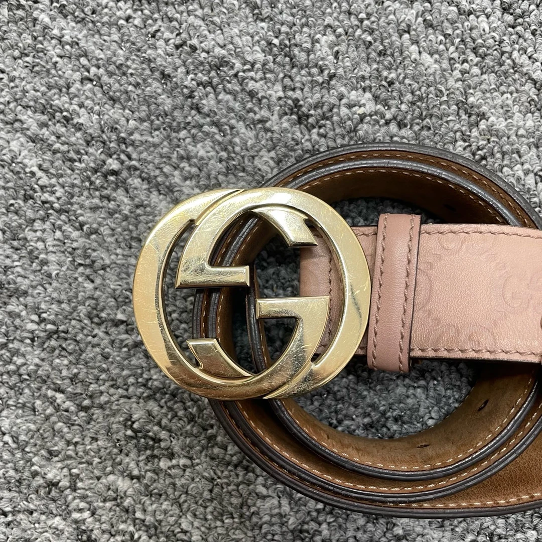 95新 GUCCI/古驰 80码/粉色压印logo皮带/4cm/00198