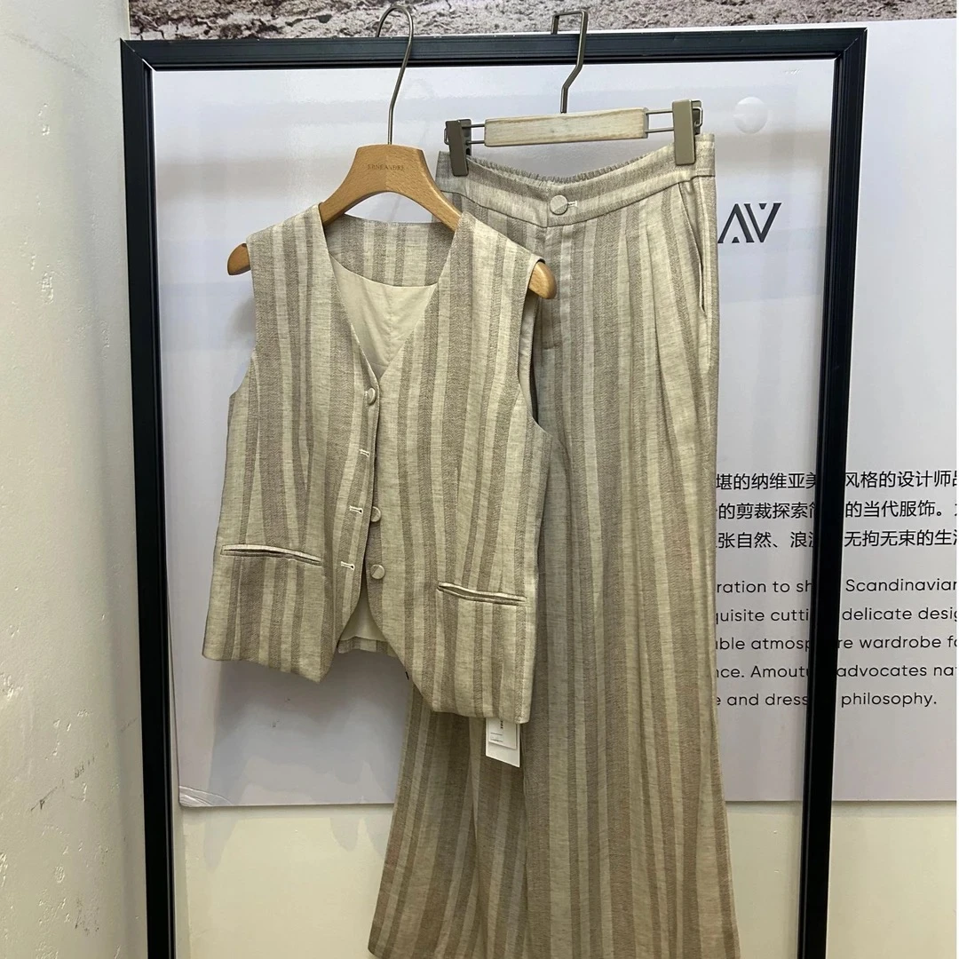 亚麻休闲风静奢风套装针织上衣阔腿裤小香风套装