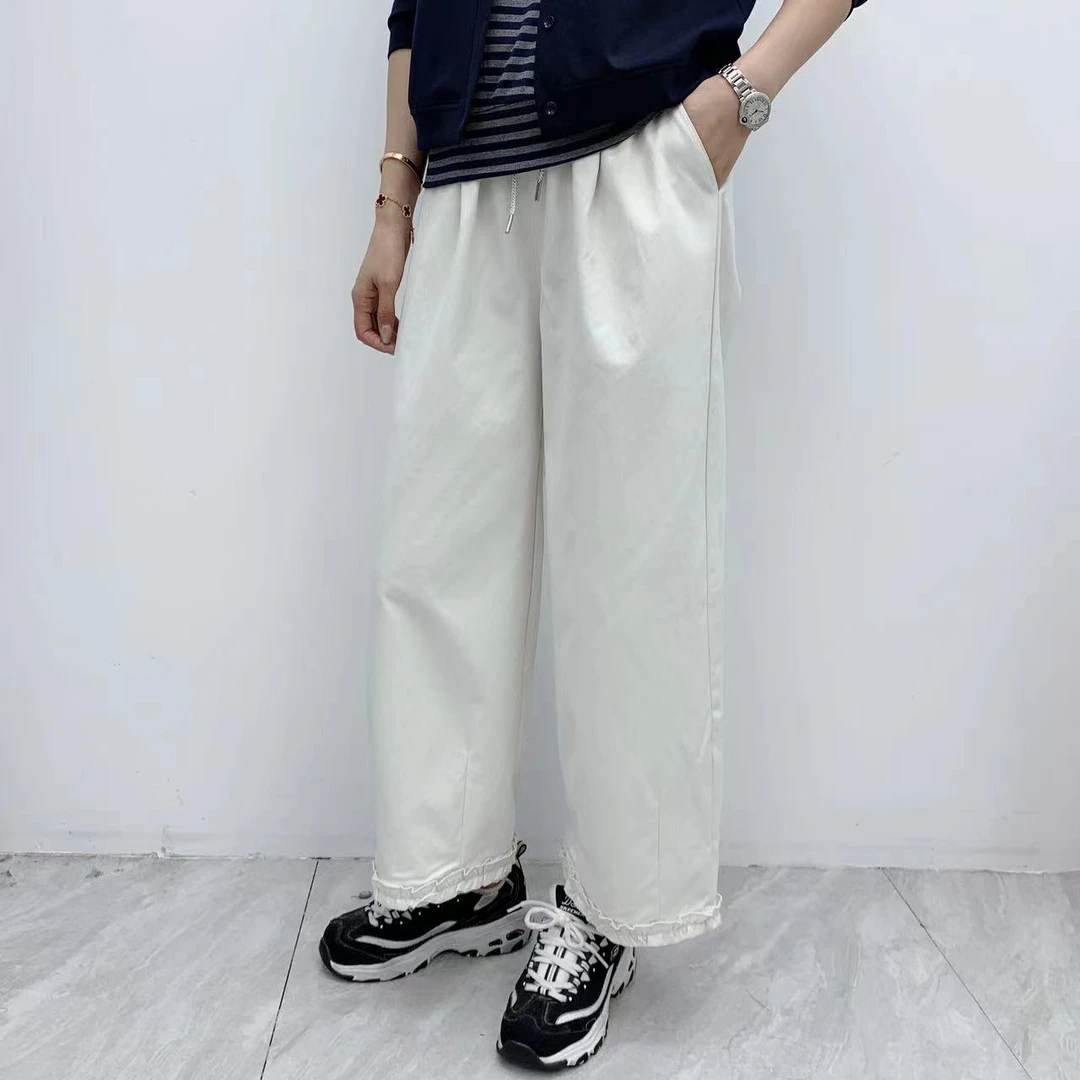 纯色秋季松紧腰宽松阔腿中腰休闲裤轻职休闲风九分裤裤百搭秋