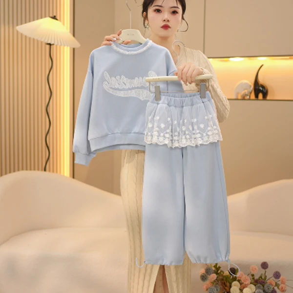 【一甜】女童蓝色套装春装中大童休闲卫衣运动裤两件套2025新款