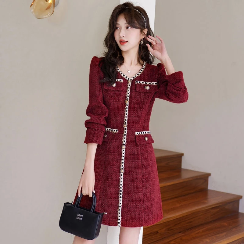 法式小香风连衣裙女时尚秋冬新款红色高级感小个子气质名媛裙子