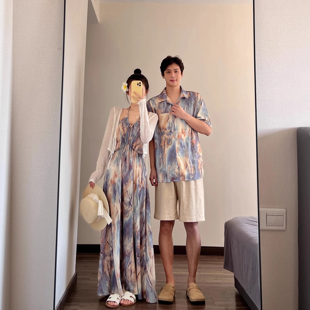 2025夏季新款度假风情侣装法式沙滩海边吊带连衣裙休闲衬衫两件套