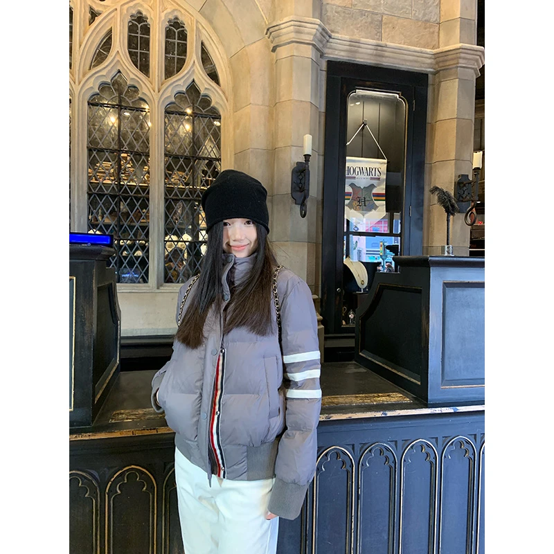 王少女的店【现现】灰色条纹立领棉服外套韩版加厚上衣 Y28746S44